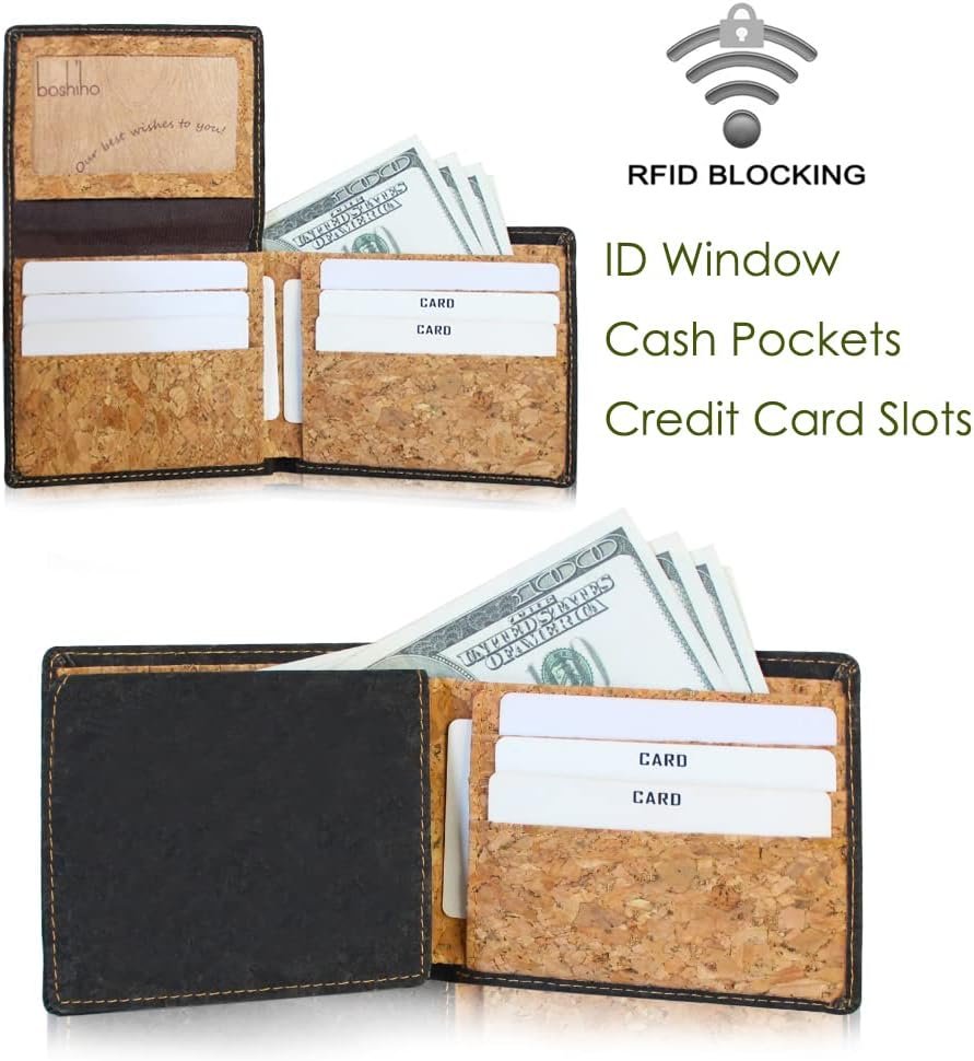boshiho RFID Blocking Cork Wallet, Slim Bifold Vegan Credit Card Holder Purse Eco Friendly Gift for Men and Women (Black A)