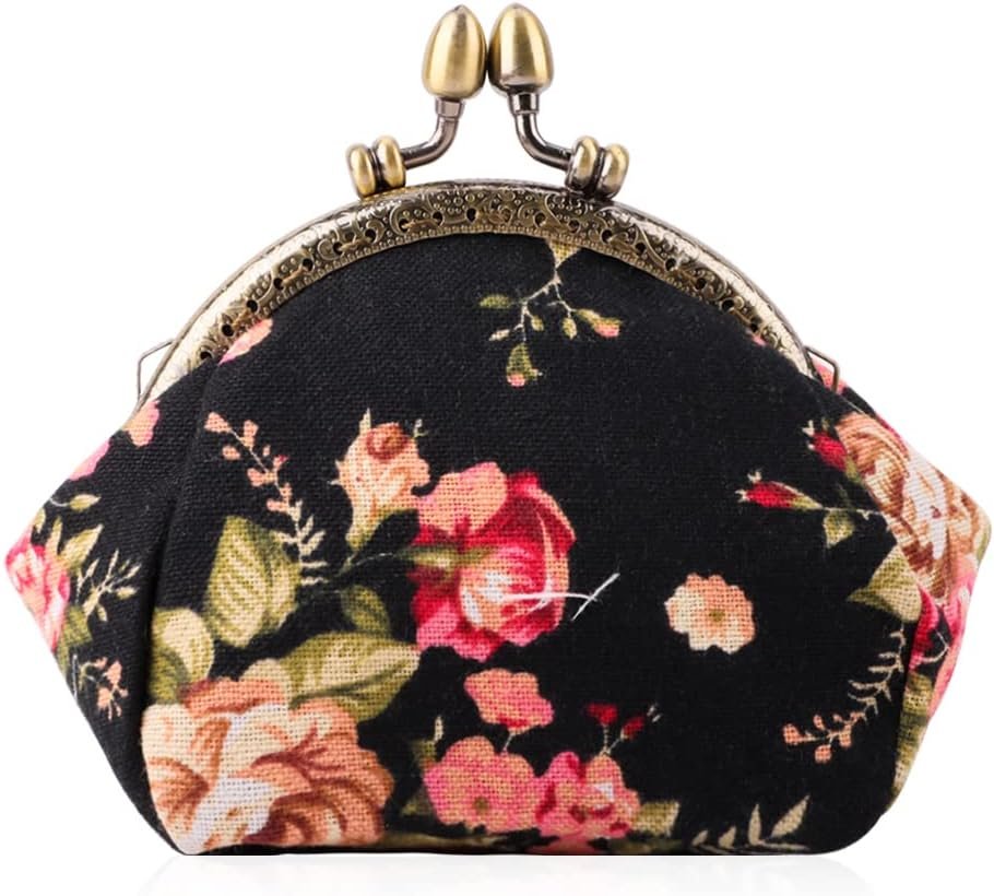 Oyachic Printed Coin Purse Vintage Pouch Buckle Clutch Bags Kiss lock Change Purse Floral Clasp Wallets For Women