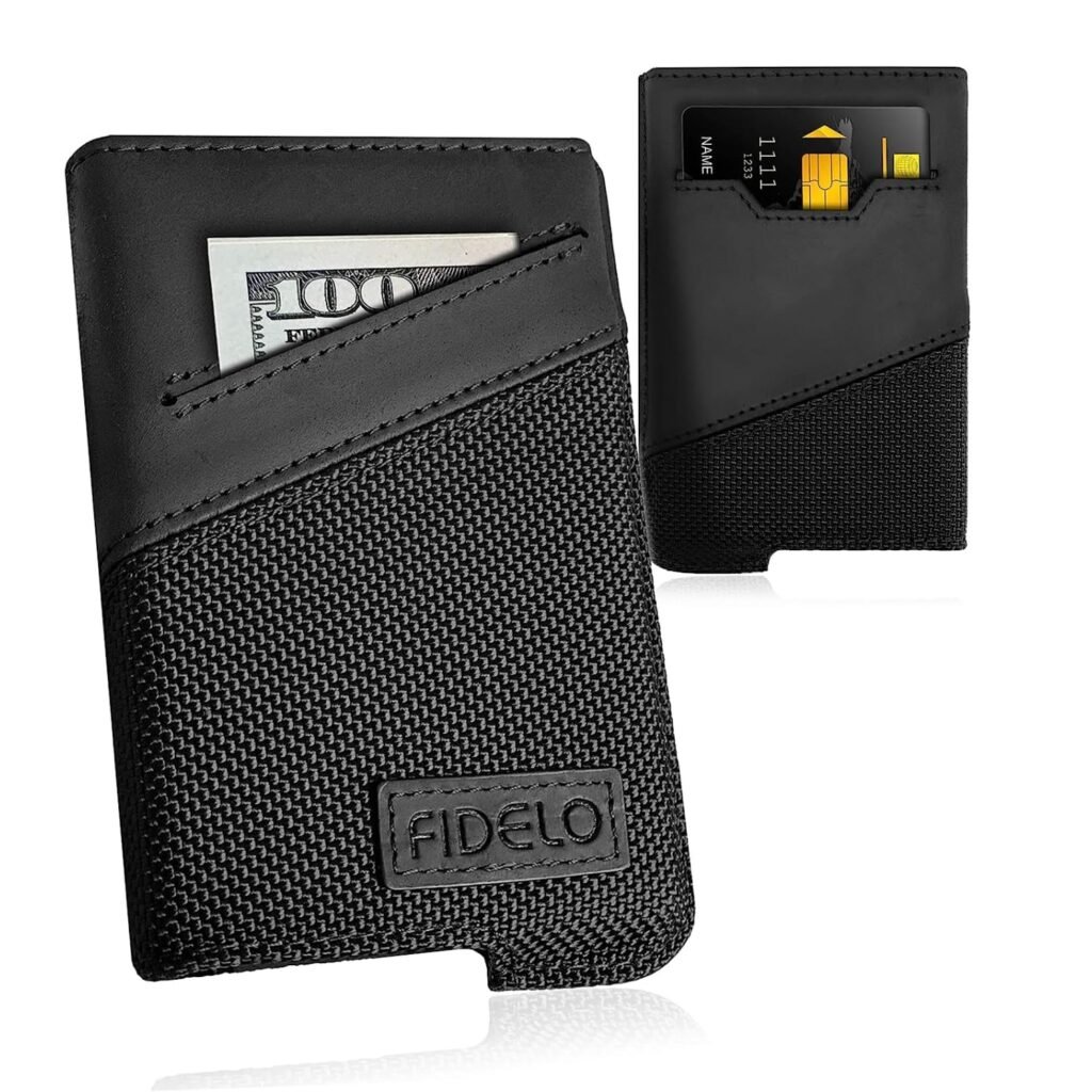 Fidelo Minimalist Wallet for Men - Slim Credit Card Holder Compatible With all Our Cases, RFID Blocking Wallet Made out of 3K Carbon Fiber And 2 Removable Cash Bands To Hold 1-10 bills - Black