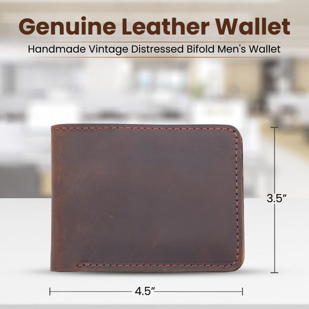 Leather Wallet for Men, RFID Blocking, Top Grain Leather Mens Bifold Wallets, Genuine Leather, Handcrafted, Strong Stitching, Extra Capacity for bills, 6 Card Slots, Gift for Him