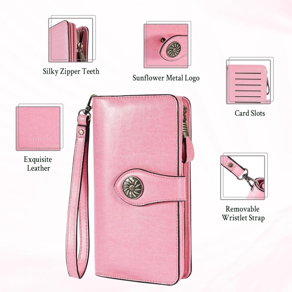 Travelambo Womens Wallet Large Capacity RFID Blocking Genuine Leather Wristlet Wallets