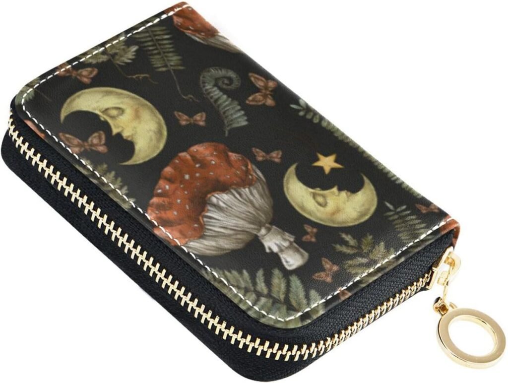Vintage Magic Forest Moon Mushroom RFID Credit Card Holder Leather With Zipper Card Case Wallet for Women Girls