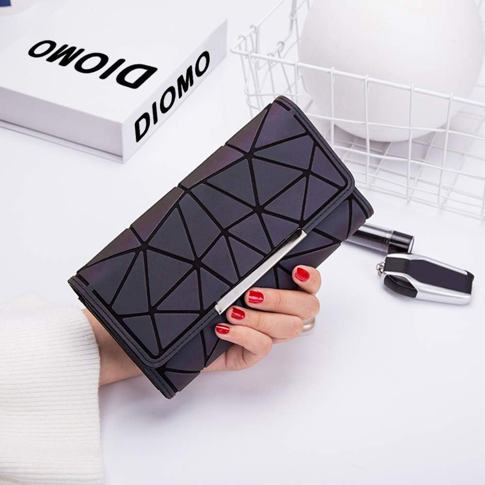 DIOMO Luminous Long Gothic Wallet for Women, Geometric Holographic Reflective Credit Card Holder Clutch with Zipper Pocket (Wallet NO.4)