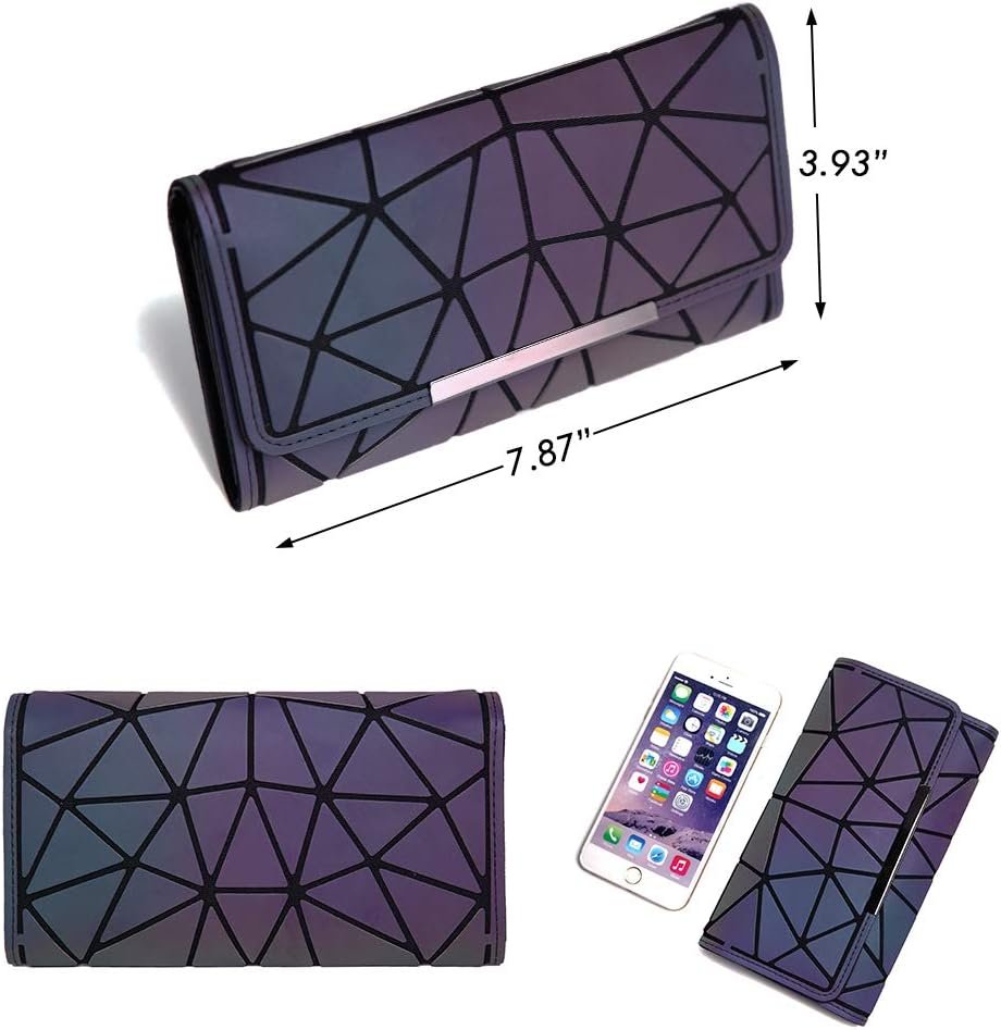 DIOMO Luminous Long Gothic Wallet for Women, Geometric Holographic Reflective Credit Card Holder Clutch with Zipper Pocket (Wallet NO.4)