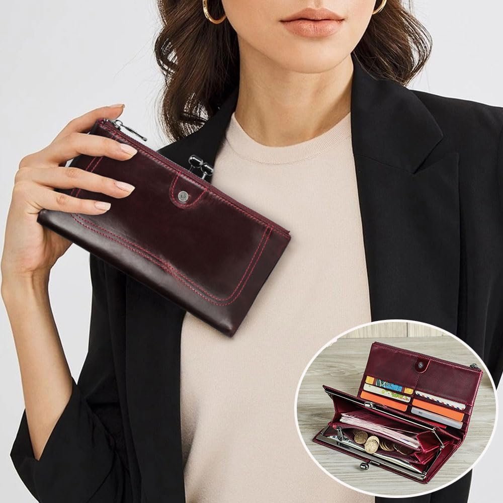 Leather Kiss Lock Purse for Women Vintage Kiss Clasp Wallet Coin Purse RFID Bifold Phone Clutch Wallet Card Holder