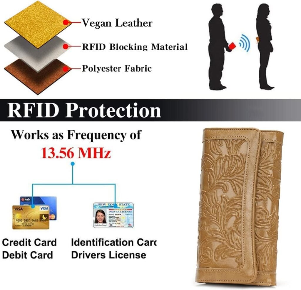 MEITRUE Womens Wallet Leather RFID Blocking Trifold Ladies Purse Embossed long Clutch Card Holder Phone Checkbook Organizer