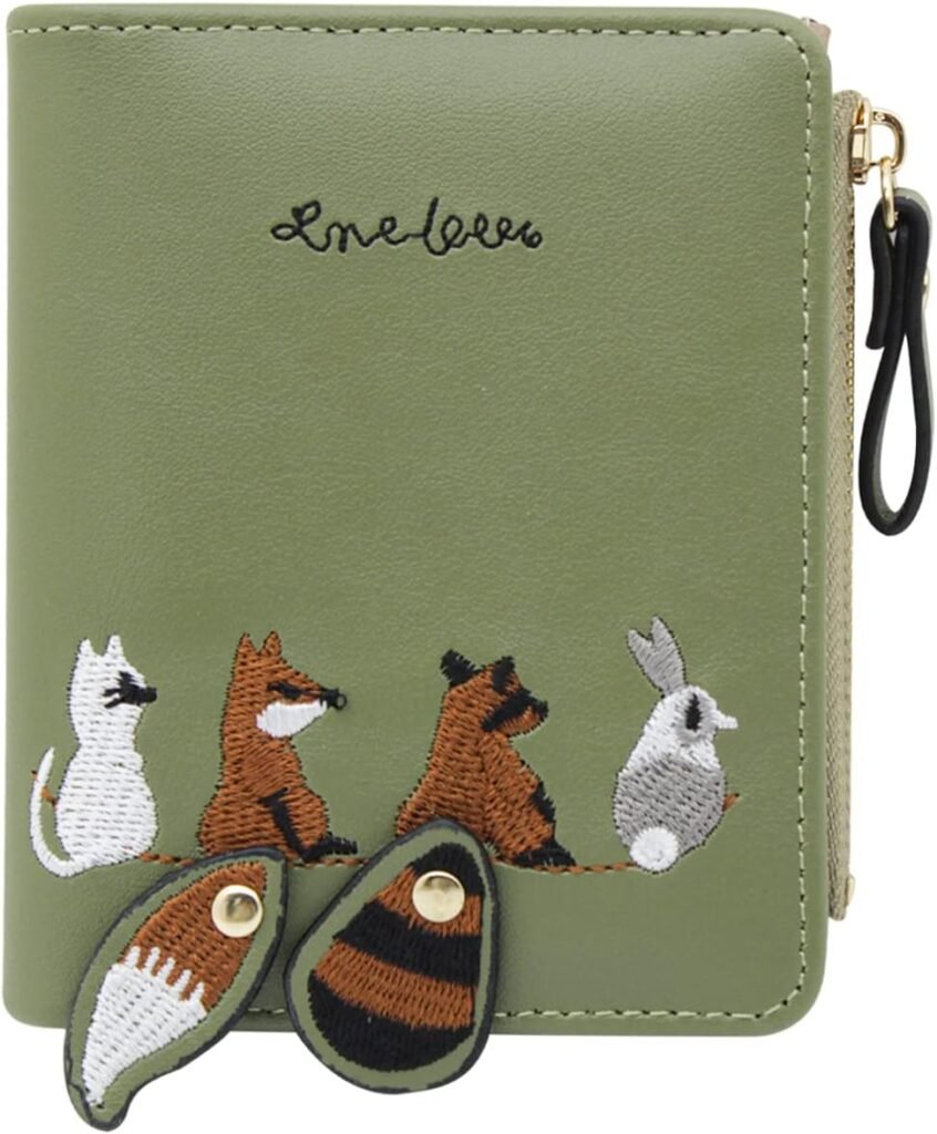 WisePoint Womens Wallet, Leather Purse Credit Card Holder with with Embroidered Animal Pattern, Portable and Small Wallets for Women with Zipper Pocket (green)