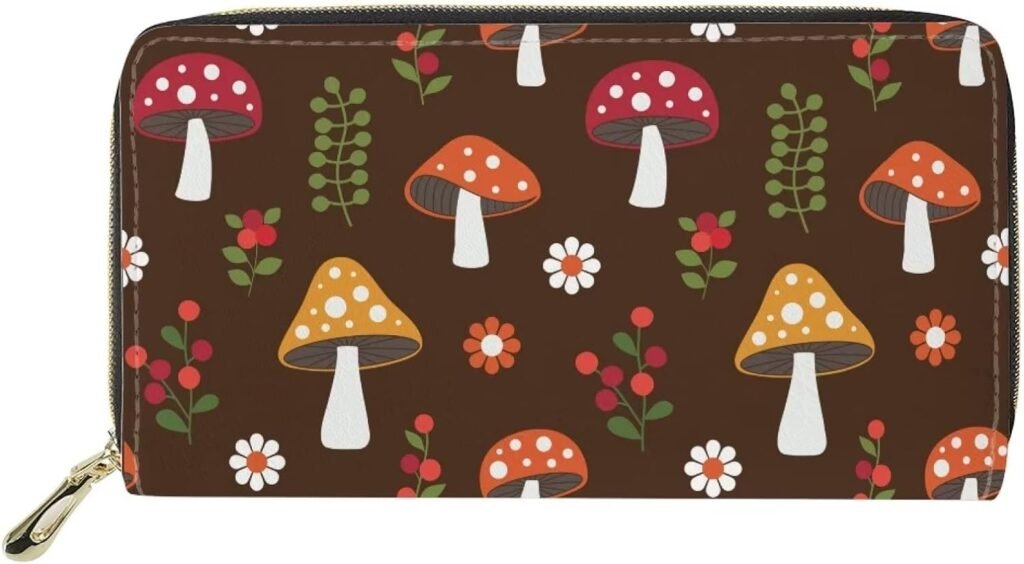 Women Wallet PU Leather Design Zipper Closure Long Clutch Wallets Print Flower Mushroom for Teens Portable Card Holder Wallets, Flower Mushroom Brown