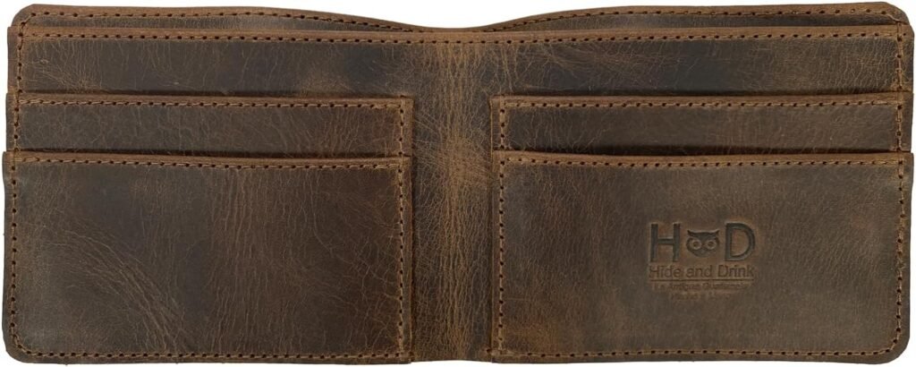 Hide  Drink, Slim Bifold Wallet, Classic Billfold for Pocket or Bag, Store Money, Cards and Cash, Travel Accessory, Full Grain Leather, Handmade, Bourbon Brown