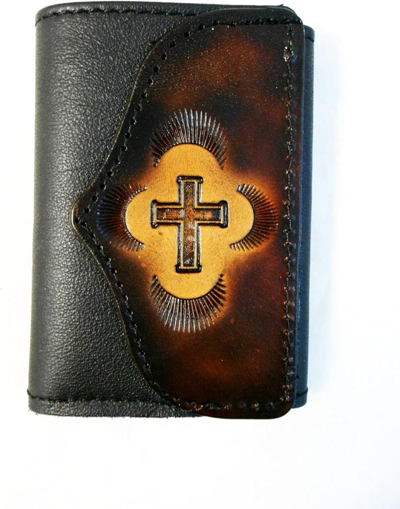 Mens Handcrafted Leather Trifold Wallet Christian Cross