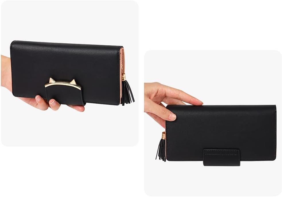 Wallet Women Cute Bifold Clutch Wallets with Zipper Coin Purse Card Holder Money Clip Gifts for Cat Lovers Black