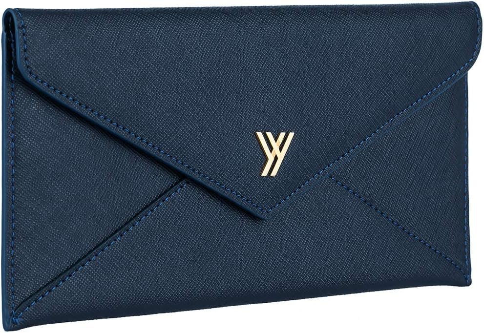 Womens Long Wallet RFID Blocking Envelope Purse, Made of Saffiano Leather (Dark Blue)